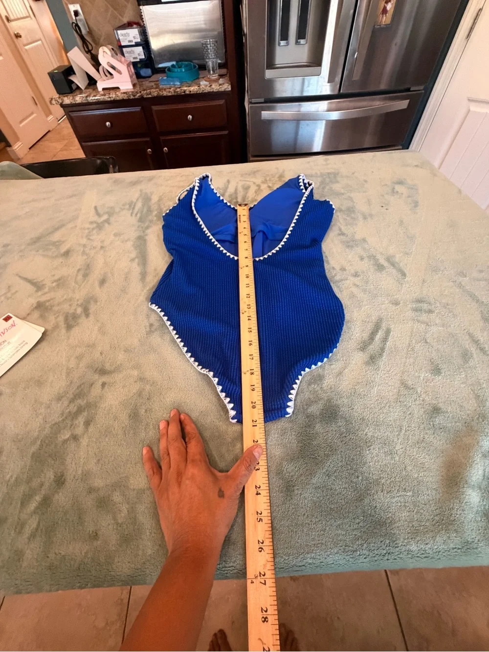Betsey Johnson Women XL Blue One Piece Swimsuit White Crochet Trim UPF 50+